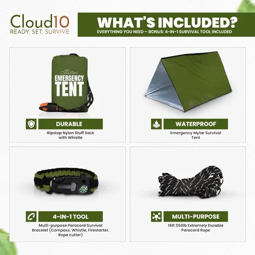 Miniatura 2 de CloudTen Emergency Tent: Lightweight 2 Person Survival Tent with Multi-Function Paracord Bracelets - Essential Survival Gear & Bug Out Bag Items for