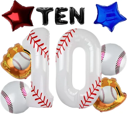Juego de globos de béisbol de 40 pulgadas, decoraciones de fiesta de cumpleaños número 10 para niños, globo de béisbol número 10 para suministros de