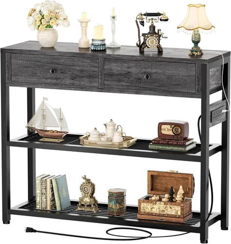 Miniatura 16 de Ecoprsio Mesa de entrada con salidas y puertos USB, mesa consola con 2 cajones, mesa de sofá pequeña con estantes de almacenamiento para sala