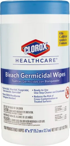 Clorox Healthcare Bleach Toallitas germicidas, 6 x 5 pulgadas, recipiente de 150 unidades (el paquete puede variar)
