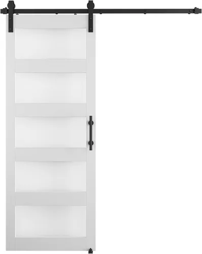 Miniatura 7 de Puerta de granero de vidrio de 32 x 84 pulgadas y kit de herrajes de 6 pies incluido, losa de puerta de granero blanco MDF con vidrio esmerilado