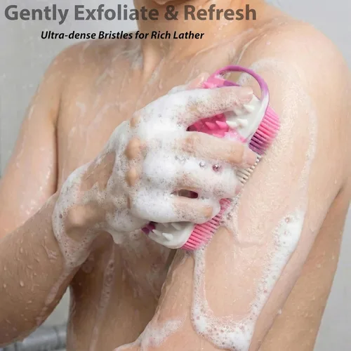 Miniatura 3 de 2 piezas de esponja corporal de silicona, esponja de baño y ducha exfoliante 2 en 1, esponja de loofah de silicona suave para piel sensible, Púrpura