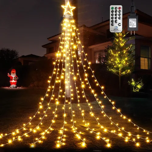 Miniatura 11 de WBao 344 luces LED de Navidad para decoración al aire libre con estrella de 12 pulgadas, luces de Navidad de cascada de 11.9 pies, control remoto, 8