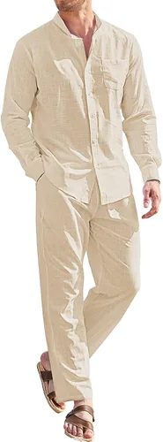 COOFANDY Conjuntos de lino para hombre, 2 piezas, camisa de manga larga con botones y pantalones casuales de playa con cordón en la cintura, trajes