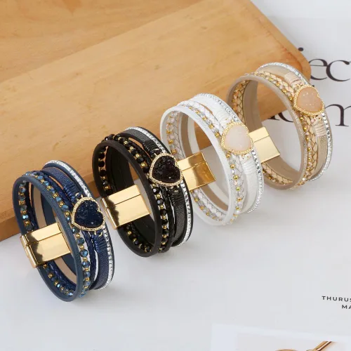 Miniatura 6 de Jewbelet - Pulsera de cuero estilo bohemio con cuentas de cristal con cierre de joyería para mujer