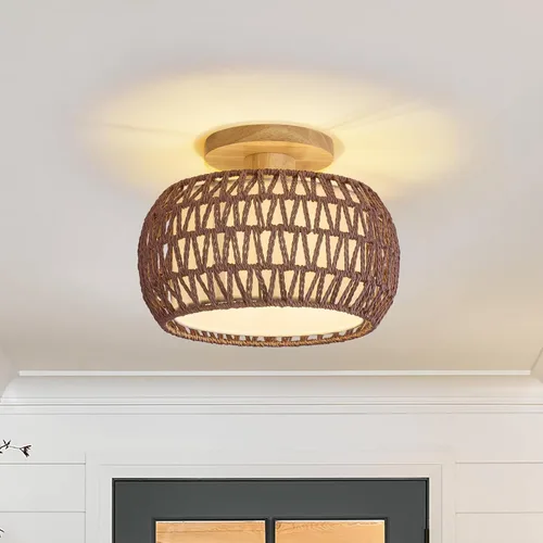 Miniatura 12 de Lámpara de techo de ratán bohemio, 3 opciones de estilo, luces de techo de mimbre semiempotradas, accesorios de luz costera beige, candelabro