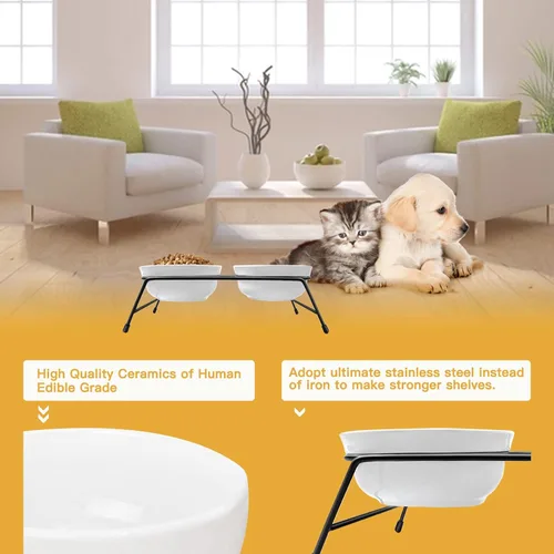 Miniatura 4 de Cuencos elevados antivómitos para gatos, 2 cuencos de cerámica para alimentos y agua para gatos de 13 onzas con soporte de acero inoxidable blanco