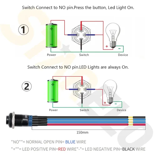 Miniatura 3 de STARELO 5 piezas Interruptor de botón LED momentáneo de 12 mm con carcasa negra y pre-cableado, interruptor de botón a prueba de agua IP65, 1NO 1