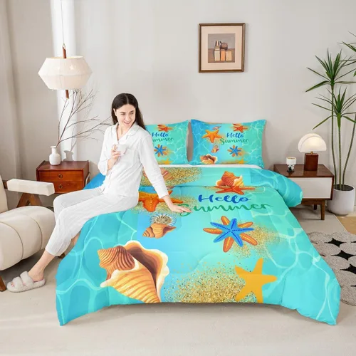 Miniatura 2 de Erosebridal Juego de ropa de cama de playa tamaño individual, lindo juego de edredón con temática de playa para niños y niñas, edredón