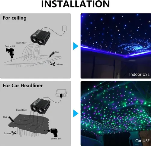 Miniatura 5 de 32W RGBW APP luces de fibra óptica, kit de luces de techo de estrella de tamaño pequeño, activadas por música, 450 piezas, 0.75mm, 9.8 pies/3m