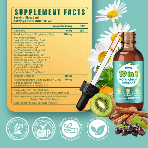 Miniatura 6 de Gotas de Limpieza Intestinal Herbal 19 en 1 - Ajenjo, Nogal Negro, Chlorella 250mg, Probióticos 10B, Clavo y Orégano - Soporte de Desintoxicación
