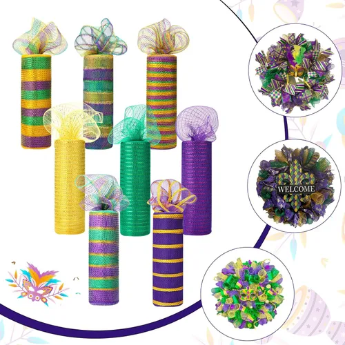 Miniatura 6 de Newwiee 8 rollos de cinta de malla para coronas Mardi Gras de 10 pulgadas x 30 pies cada rollo, decoración de malla Mardi Gras, cinta de malla