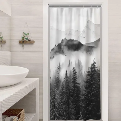 Cortina de ducha pequeña en blanco y negro, juego de cortina de ducha de bosque brumoso para baño, impermeable, decoración de baño de montaña con