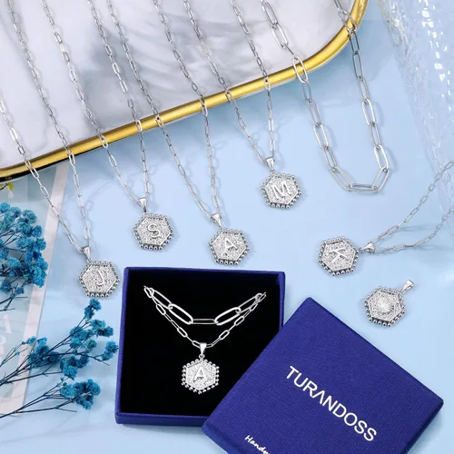 Miniatura 7 de Turandoss - Collares con iniciales en capas de plata para mujer, collar de cadena de clip chapado en oro blanco de 14 quilates, collar