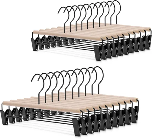 Miniatura 8 de Nature Smile Percha de madera de haya para pantalones de mezclilla con 2 clips negros mate ajustables y gancho, paquete de 10