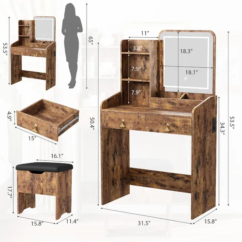 Miniatura 2 de GarveeHome Escritorio de tocador con espejo de luz LED y estación de carga, pequeño juego de mesa de tocador de maquillaje con cajones