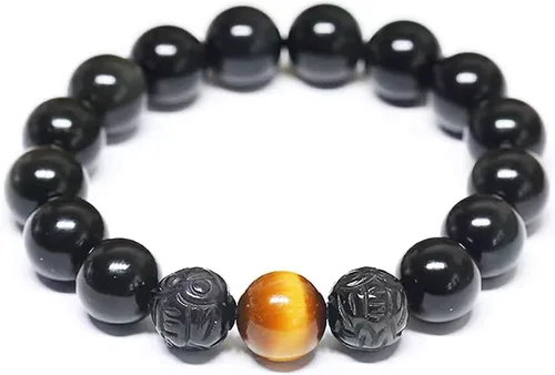 Pulsera de obsidiana negra, pulsera de obsidiana negra Feng Shui para mujeres, hombres y parejas, hecha a mano con piedra tallada de ojo de tigre
