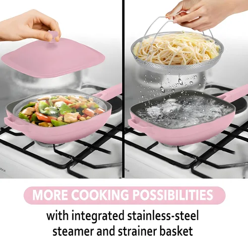 Miniatura 3 de Sartén antiadherente cuadrada de cerámica de 11 pulgadas con tapa y cesta de vapor, sartén profunda, aluminio fundido no tóxico sin PFAS, compatible