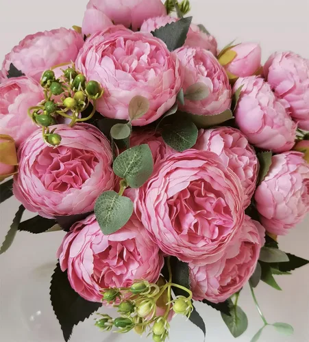 Miniatura 2 de 4 racimos de flores artificiales de peonías de seda de 20 cabezas, flores falsas para decoración del hogar, ventana, boda, fiesta (rosa), jarrón