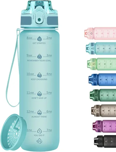 Botella de agua de 32 onzas con marcador de tiempo, botella motivacional con correa, sin BPA, a prueba de fugas, botella de agua alentadora para