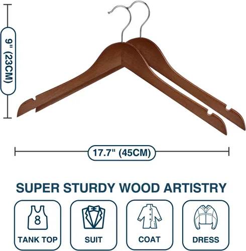Miniatura 7 de Paquete de 30 perchas de camisa de madera, ideales para la lavandería y uso diario, resistentes, de nogal