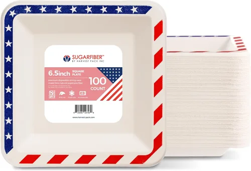 Miniatura 14 de Paquete de cosecha de 6.5 pulgadas, platos cuadrados desechables compostables con bandera americana, sin PFAS, para fiesta patriótica, 4 de julio