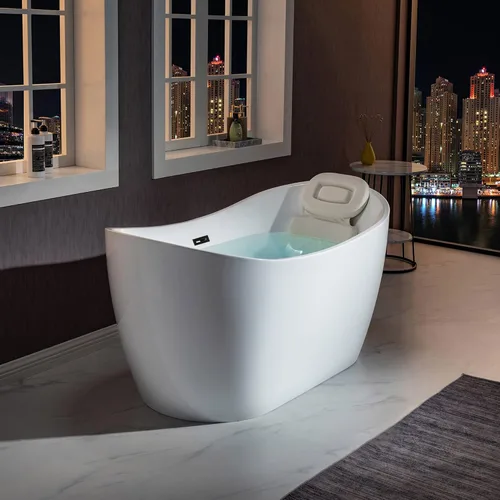 WOODBRIDGE BTA1516 - Bañera de acrílico independiente de 59 pulgadas, moderna bañera blanca con desbordamiento y drenaje negro mate, almohada