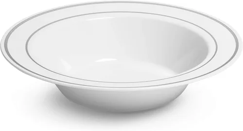 Miniatura 6 de Cuencos blancos con borde plateado, 12 onzas, 50 unidades, plástico duro, desechables o reutilizables, cuencos de postre, ensalada, cereales, pasta