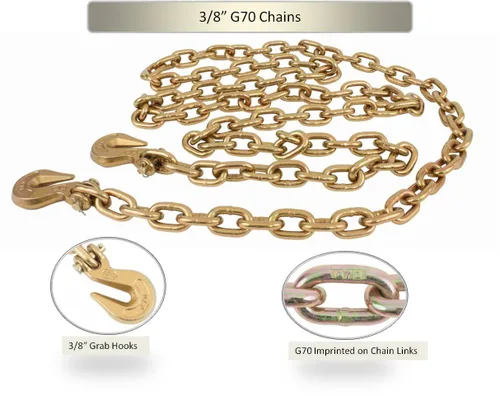 Miniatura 8 de Mytee Products Paquete de 4 cadenas de 3/8 pulgadas x 6 pies de grado 70 con ganchos de agarre de horquilla, cadena de remolque de transporte G70, 4