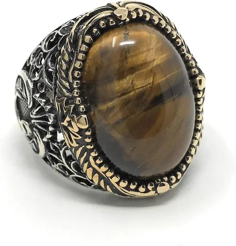 Miniatura 6 de KAR Anillo de ojo de tigre natural de plata esterlina estampada 925K I1B Piedra Ojo de tigre