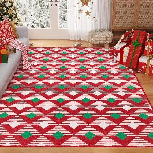 HUGEAR Tapete navideño de 5 x 7 pies, lavable a máquina, de pelo bajo, rojo/verde, alfombra grande geométrica y antideslizante para dormitorio, sala
