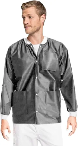Miniatura 36 de Paquete de 10 chaquetas desechables de laboratorio, chaqueta médica reutilizable hasta la cadera, unisex, con puños de punto y bolsillos