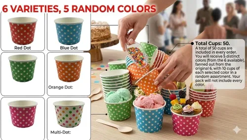 Miniatura 4 de Worlds Copas de papel para helado de papel con lunares, tazas de yogur de 12 onzas, mezcla de 50