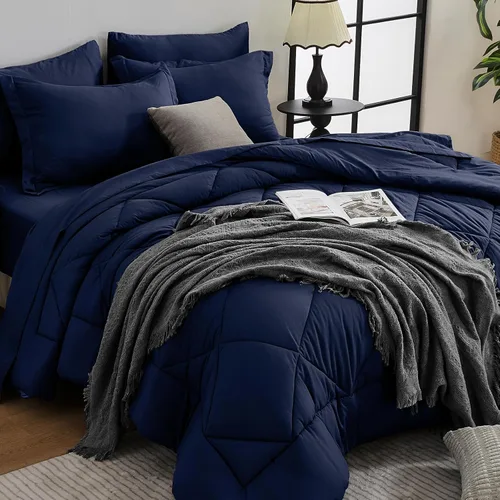 Miniatura 31 de HEVUMYI - Juego de edredón King de 7 piezas para todas las estaciones, cama en una bolsa, ultra suave, juego de cama con edredón, sábana plana, Azul