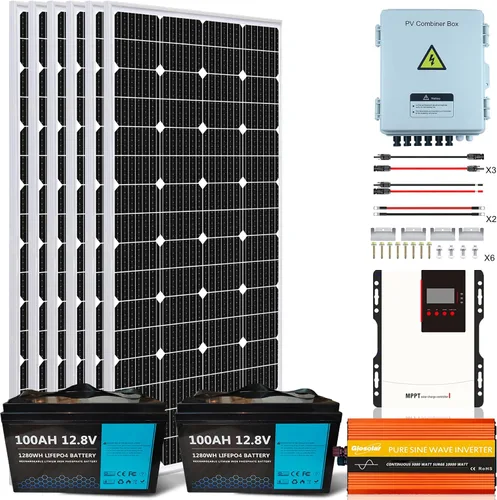 Kit completo de sistema solar fuera de la red Kit solar de 1350 W 24 V, 6 paneles solares de 225 W 12 V, 2 baterías de litio de 100 ah y 12.8 V,