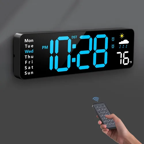 Reloj de pared digital, reloj digital con pantalla grande con control remoto, despertador LED con cable con fecha, semana, temperatura, humedad, DST