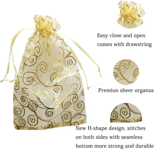 Miniatura 2 de 100 bolsas de regalo de 5 x 7 pulgadas, ratán dorado, tela de tul transparente de organza, bolsas de malla con cordón para regalos de baby shower