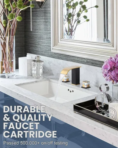 Miniatura 3 de Grifo de baño en cascada negro y dorado: grifo de baño ARCORA de 3 agujeros, grifo de baño extendido de 8 pulgadas con drenaje desplegable y manguera