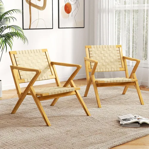 Miniatura 6 de Tangkula Silla de comedor de madera de teca para exteriores, sillón rústico de madera para patio con asiento y respaldo de cincha, para sala