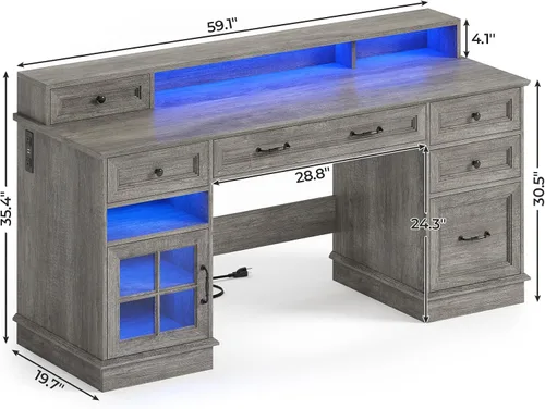 Miniatura 2 de BTHFST Escritorio ejecutivo estilo granja con cajón para archivos, escritorio para computadora con estación de carga y luces LED, escritorio de Gris