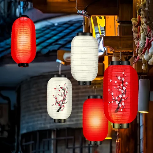 Miniatura 2 de Riakrum 12 faroles colgantes tradicionales japoneses de flores de ciruelo, faroles de papel blanco y rojo, faroles japoneses para decoración