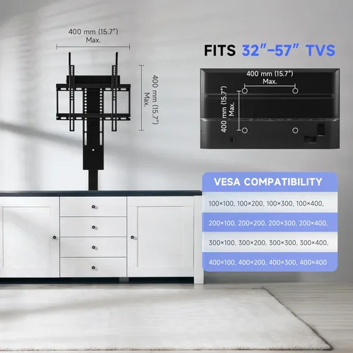 Miniatura 7 de CO-Z Elevador de TV motorizado para televisores de 32" a 57" de hasta 165 lb, 400x400 VESA, soporte con mecanismo de altura ajustable y montaje