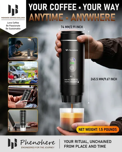 Miniatura 9 de Máquina de café espresso eléctrica portátil 6 en 1, cafetera de camping autocalentable de 20 bar con batería de 7500 mA, pantalla, compatible