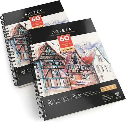 Miniatura 2 de ARTEZA Cuaderno de bocetos de medios mixtos, 9 x 12 pulgadas, paquete de 2, 60 hojas encuadernadas en espiral, papel sin ácidos de 110 libras