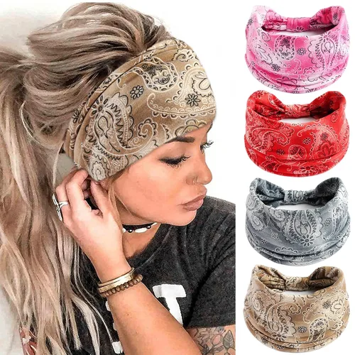 Miniatura 17 de FULZTEY Diademas bohemias para mujer, elegantes diademas con estampado floral, turbante de nudo ancho, elástico, para yoga, correr, entrenamiento