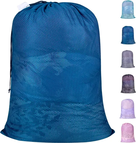 Miniatura 16 de Polecasa Bolsas de lavandería grandes de malla de diamante extra resistentes con cierre de cordón y etiqueta de identificación, paquete de 2 bolsas