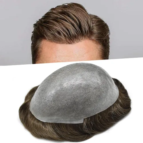 Miniatura 9 de Tupé de piel ultra fina para hombres pieza de cabello humano real sistema de reemplazo 0.002 in Mens Toupee Hairpiece para hombres V-Loop 8x10 80%