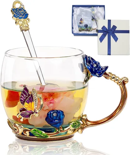 Miniatura 12 de Taza de té con flores, taza de café de vidrio transparente elegante con cuchara, caja de regalo para ella, mamá, esposa, abuela, niñas, amigas, idea