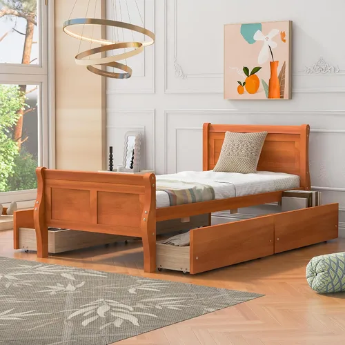 Miniatura 16 de Cama de plataforma de madera de tamaño individual con cabecera en forma de casa, soporte de listones de madera, para dormitorio de niños, niñas