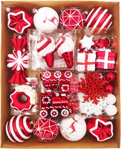 Miniatura 10 de Juego de Adornos de Bolas de Navidad, 64 unidades, Colección Splendor Alegre Rojo Verde Blanco, Adornos Navideños Surtidos Irrompibles para Fiestas